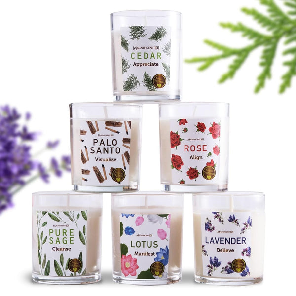 Magnificent 101 Long-Lasting Manifestation & Intention Aromatherapy Candles - Set of 6 | 21 Oz - 84-Hour Burn | 100% Soy Wax - Cedar, Palo Santo, Pure Sage, Lotus, Rose & Lavender - image 1