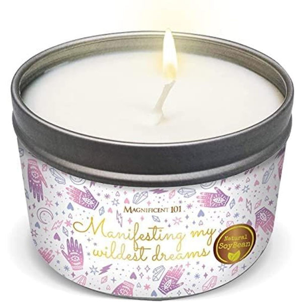 MAGNIFICENT 101 Affirmation Massage Candle - 6 Oz White Tin - Soy Candle Aromatherapy Meditation with Sage & Palo Santo Scent for Healing & Abundance - Manifesting My Wildest Dreams - image 1