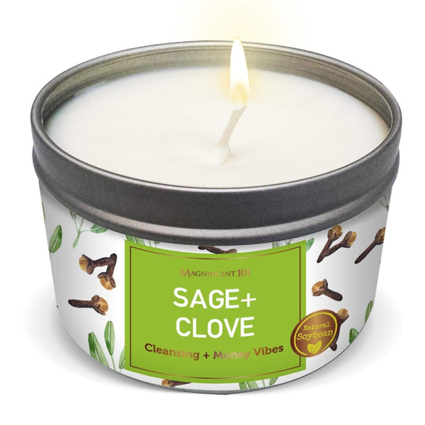 MAGNIFICENT 101 Sage & Clove Aromatherapy Candle - 6 Oz White Soy Wax - 35-Hour Burn Time - Long Lasting Sage & Energy Cleansing - Manifestation & Spiritual Decor - image 1