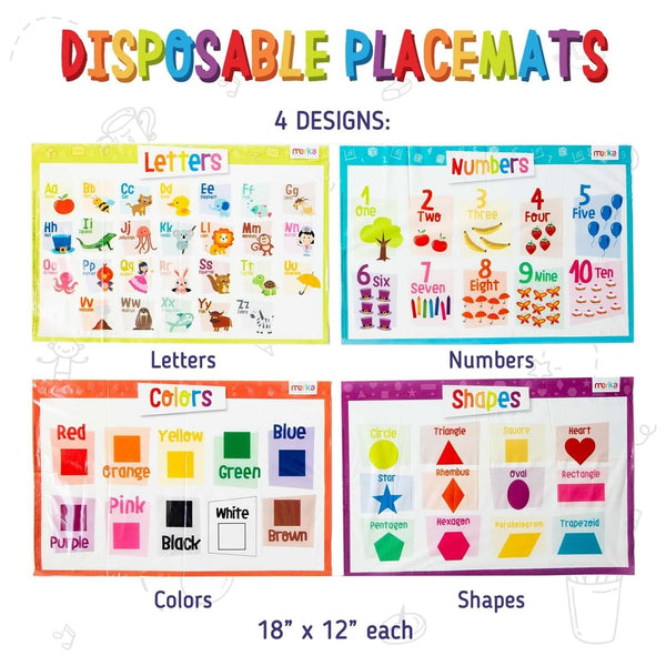 Merka Disposable Placemats for Baby & Toddler - 12 x 18 in, 40-Pack Multicolor - Peel & Stick Adhesive - Sticky Placemats for Toddlers - Educational Numbers, Letters & Shapes - image 1