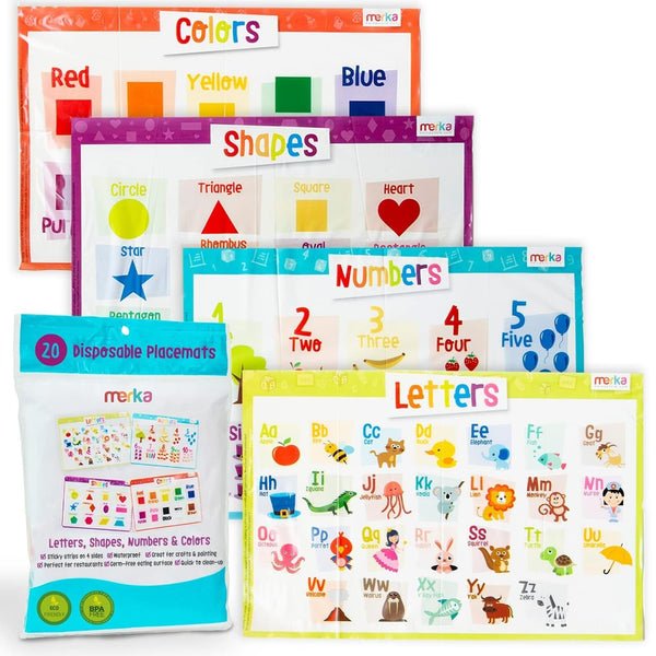 Merka Disposable Placemats for Baby and Toddlers 12" x 18", 20 Pack Stick-on Kids Placemats for Dining Table, Restaurants - Includes Shapes, Numbers, Letters, & Colors - image 1