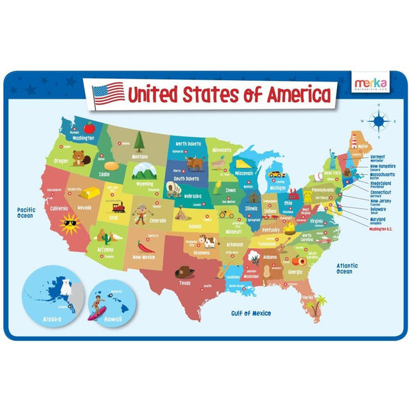 merka United States Map Placemat - 17 x 11 in, Laminated, Multicolor - Reusable Kids Dining Mat with Secure Backing & State Capitals Map - image 1