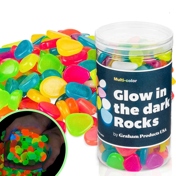 Graham Products Glowing Rocks 190-Piece Glow-in-The-Dark Pebbles - 1in x 1in Multicolor - Colored Pebble Rocks for Garden & Aquarium - Solar-Charged Indoor & Outdoor Decor - image 1
