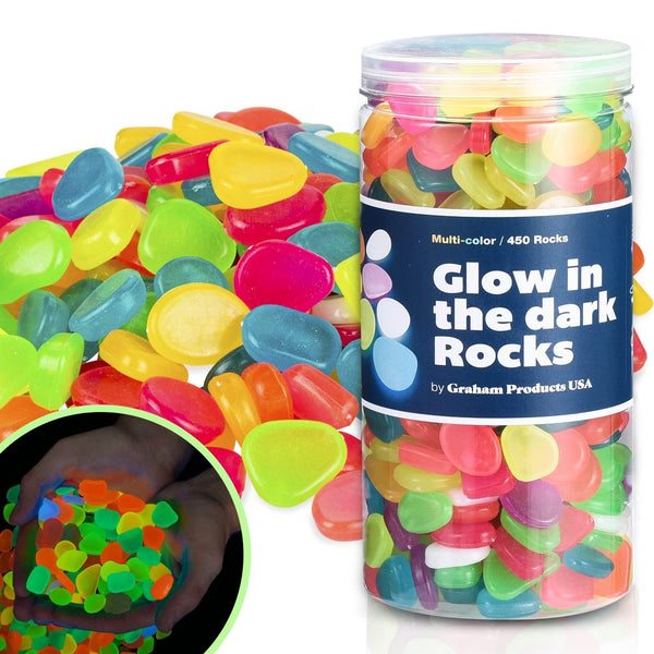 Graham Products Glow in The Dark Rocks - 450 Pieces, Multicolor - Solar-Charged Glow Pebbles for Indoor & Outdoor Garden, Aquarium & Walkway Accents - image 1
