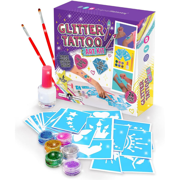 Original Stationery Glitter Tattoo Kit - 33-Piece Multicolor Set, Ages 3-8, 24 Stencils, 6 Color Pots, 2 Brushes & Adhesive - Glitter Tattoos for Kids & Sleepover Party Supplies, Birthday Gift - image 1