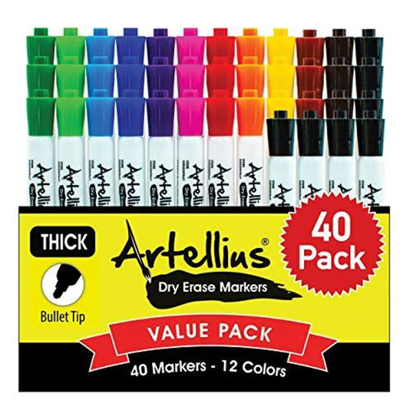 Artellius Dry Erase Markers - Low Odor Ink & Whiteboard Markers - Washable Dry Erase Pens for Kids & Teacher Supplies - School Supply Bulk & Classroom Must Haves - Pack of 40, Assorted Colors - image 1