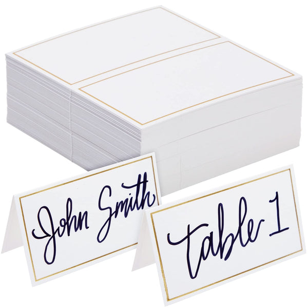 Best Paper Greetings White & Gold Place Cards, 3.5 x 2 in Folded Tent Cards, 100 Pack 250GSM Cardstock, Gold Foil Border Elegant Name Cards for Wedding Reception, Banquet, Dinner Party & Buffet Labels - image 1