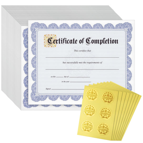 Certificate of Completion Paper Sheets - 8.5 x 11 in, Blue Floral Border & Gold Foil Seals, 48 Count - Award Certificate Paper for Printing & Student Recognition - image 1