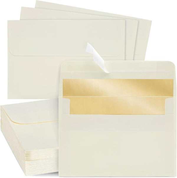 Best Paper Greetings 50 Pack A6 Ivory Gold Foil Lined Envelopes, 4.25x6.25 inches, with Peel & Seal, 120GSM Printable Mailing Envelopes for Wedding & Birthday Invitations - image 1