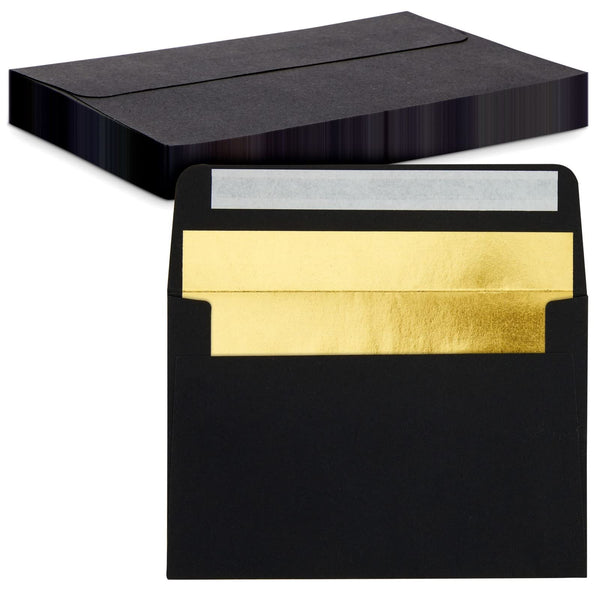 A6 Black Envelopes with Gold Foil - 4.25 x 6.25 In, 50 Pack, 120 GSM - Peel & Stick Envelope Liner for Invitations, Greeting Cards & Photos - image 1