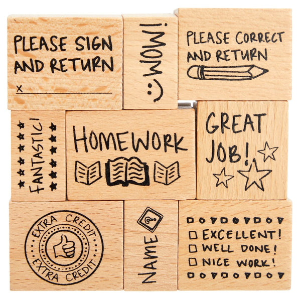 BLUE PANDA 9 Piece Set of Wooden Rubber Teacher Stamps - Classroom Supplies for Grading Homework and Teacher Supplies (Assorted Sizes Rubber Stamps) - image 1