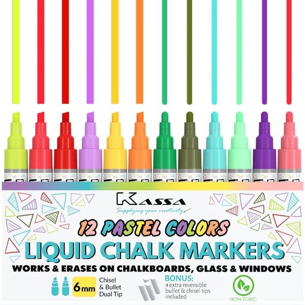 Kassa Pastel Chalk Markers for Blackboard - Windows & Glass - 10-Pack 6mm Fine & Chisel Dual Tips Pastel Set - Washable & Erasable Dust-Free - Dry Erase Markers for Home, School & Office - image 1