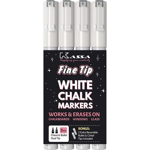 Kassa Fine Tip White Chalk Markers - 4-Pack, 3 mm Dual-Ended Bullet & Chisel - Erasable Liquid Chalk - Dust-Free on Boards, Windows & Mirrors - image 1