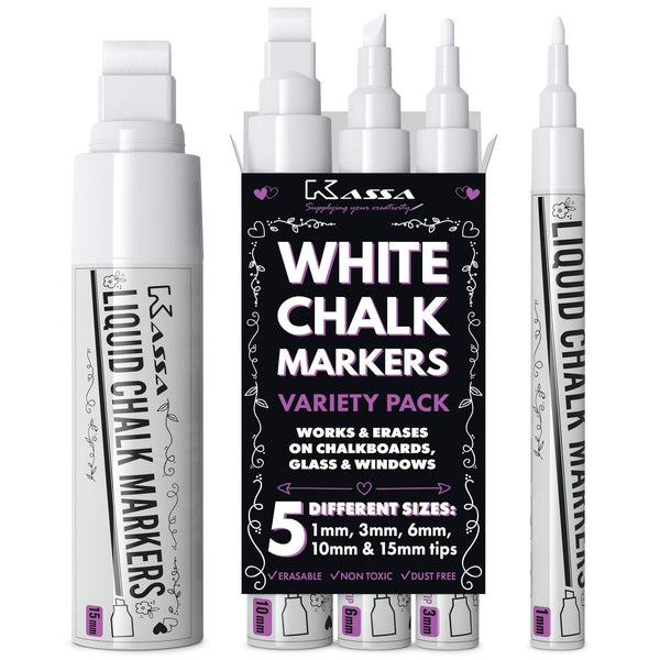 Kassa Chalk Markers - 5 Pack, White, 1mm/3mm/6mm/10mm/15mm Tips - Erasable Liquid Chalk Pens for Chalkboard, Glass & Windows - Dust-Free, Washable FM-460 - image 1