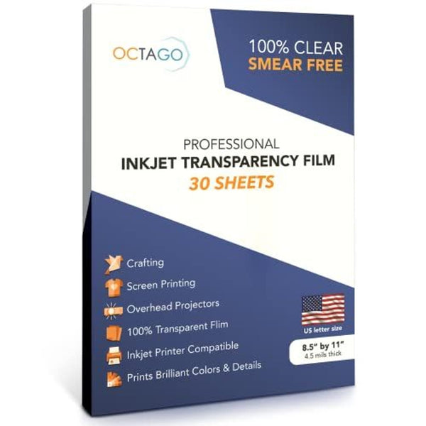 OCTAGO Inkjet Transparency Film - Inkjet Transparent Paper for Overhead & Screen Printing - Thick Transparency Sheets & Printable Plastic Sheets for Crafts - 8.5 x 11 Inches, Pack of 30 - image 1
