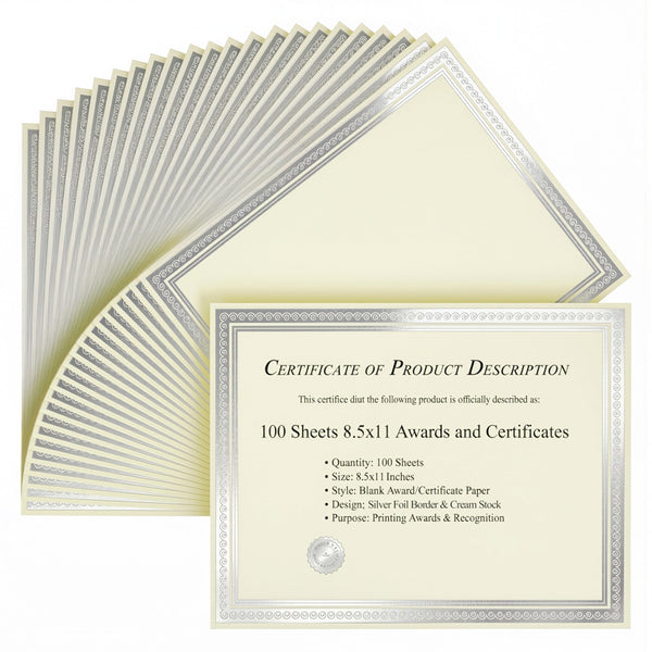 Paper Junkie 100 Pack Bulk Award Certificate Paper - Blank Certificate Paper 8.5 x 11 for Printing - Thick Matte Ivory Cardstock Diploma Papers for Certificates of Appreciation with Silver Foil Border - image 1