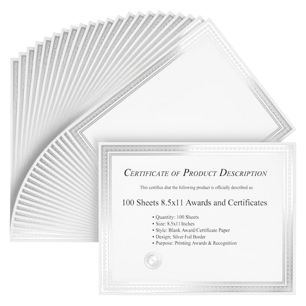 Paper Junkie 100 Pack Bulk Cardstock Certificate Paper - Thick Matte White Award Certificate Paper 8.5 x 11 for Printing - Blank Certificates with Border Silver Foil Design Professional Diploma Papers - image 1