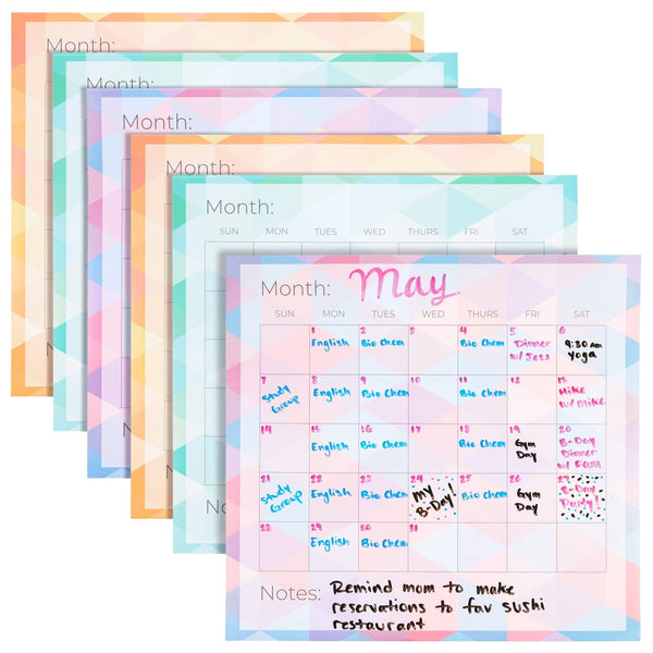 6-Pack Undated Monthly Adhesive Peel and Stick Calendar, Dry Erase Reusable Calendar for Wall, Home Office Schedule Reminders, Memo Notes, 3 Assorted Colors (13.75x12.8 in) - image 1