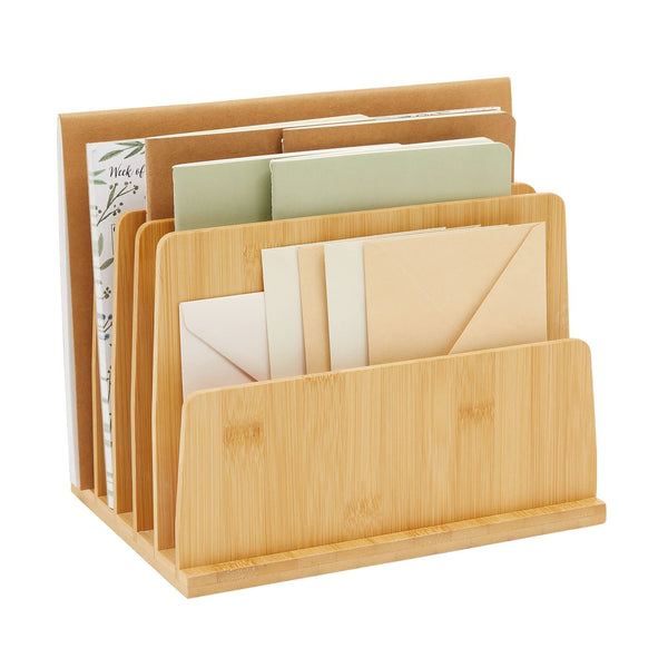 Bamboo Wooden Mail Holder, File Sorter for Letter and Folder Document Storage, Envelope Organizer with 5 Slots for Office Desk, Countertop, Home Organization (10x7 in) - image 1