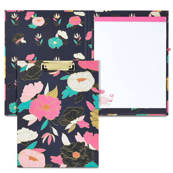 Paper Junkie Floral Clipboard Folder with Notepad & Storage - 13 x 9 in, Black Classic - Low-Profile Clip – Interior Pocket & Pen Loop - Removable Letter-Size Notepad - image 1