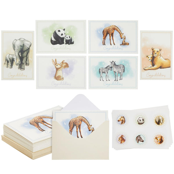 Pipilo Press Baby Shower Card Set - 24 Pack, 4 x 6 In, 6 Animal Designs - Blank Baby Cards & Envelopes with Sticker Seals - image 1