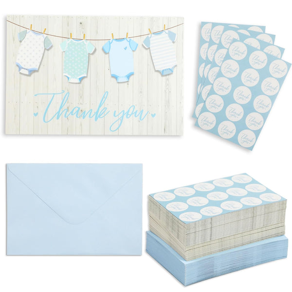 60 Pack Baby Shower Thank You Cards with Blue Envelopes for Boy, 4x6 inch with Clothesline Design and Includes 60 Cute Stickers for Appreciation - image 1