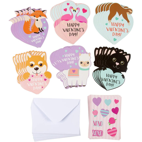 Sustainable Greetings Animal Valentines Set - 36-Pack Multicolor Heart-Shaped 3.25 x 4.5 in with Envelopes - 6 Assorted Animal Designs & 9 Heart Sticker Sheets for School Valentines Exchange - image 1