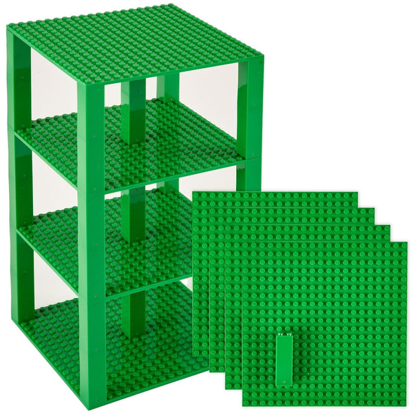 Strictly Briks Stackable Baseplates - Compatible with Lego, 6 x 6 in Baseplates for Buildling Blocks, Display Tower, Expand Vertical Builds, 4 Baseplates & 30 Stackers, Kids Gift, Green - image 1