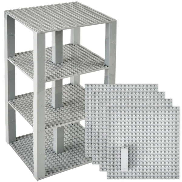 Strictly Briks Stackable Baseplates - Compatible with Lego, 6 x 6 in Baseplates for Buildling Blocks, Display Tower, Expand Vertical Builds, 4 Baseplates & 30 Stackers, Kids Gift, Light Grey - image 1
