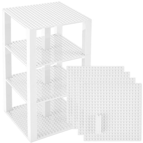Strictly Briks Stackable Baseplates - Compatible with Lego, 6 x 6 in Baseplates for Buildling Blocks, Display Tower, Expand Vertical Builds, 4 Baseplates & 30 Stackers, Kids Gift, White - image 1