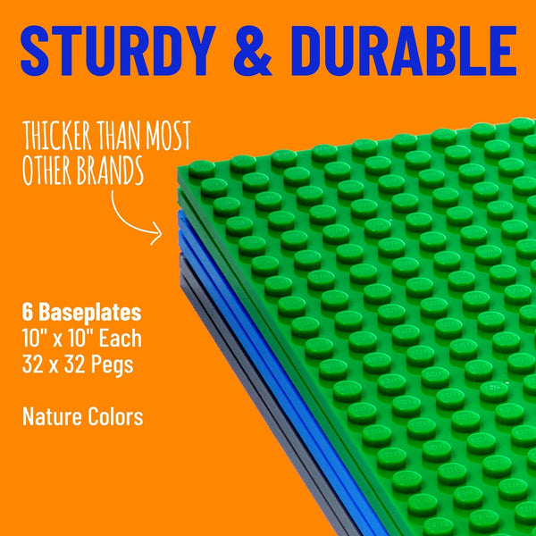Strictly Briks Stackable Baseplates - 6 Pack Compatible with Classic Lego & Major Brick Brands, 10 x 10 in with 32 x 32 Studs, Toy Building Plates Boards, Kids Gift, Blue Grey Green - image 1