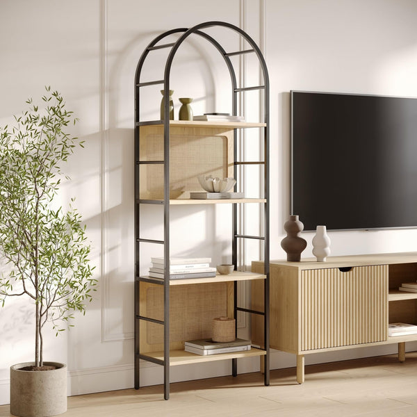 Stead 4-Tier Arched Book Shelf - Metal Frame Industrial Bookshelf - Arched Bookcase with Natural Rattan Backing - Open Tiered Display Shelf for Decor & Books - 23.25 x 12 x 70 in, Light Oak & Rattan - image 1