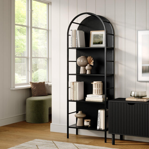 Stead 4-Tier Arched Wood Book Shelf - Black Metal Frame, Wood Panel Backing - Arched Bookcase with Backing, Narrow Black Bookshelf with Grain-Texture Laminate & 25 lb Shelf Capacity - image 1