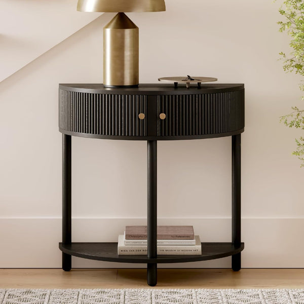 Stead Entryway Table Fluted Half Moon Console - Semicircular, Black Oak Veneer - Hidden Storage with Two Fluted Doors & Brass Knobs - Modern Narrow Console Table for Living Room & Hallway - image 1