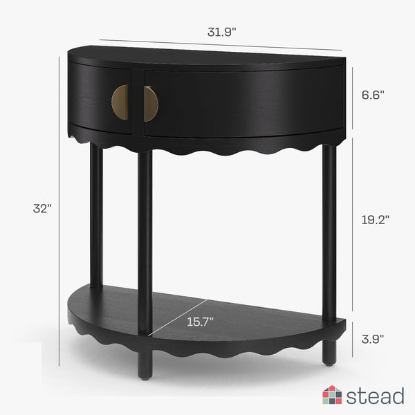 Stead Scalloped Skirt Half Moon Console Table - Space-Saving Entryway Table for Narrow Hallways - Slim Entryway Console with Two Doors & Shelf - Blackened Oak with Brass Pulls - image 1