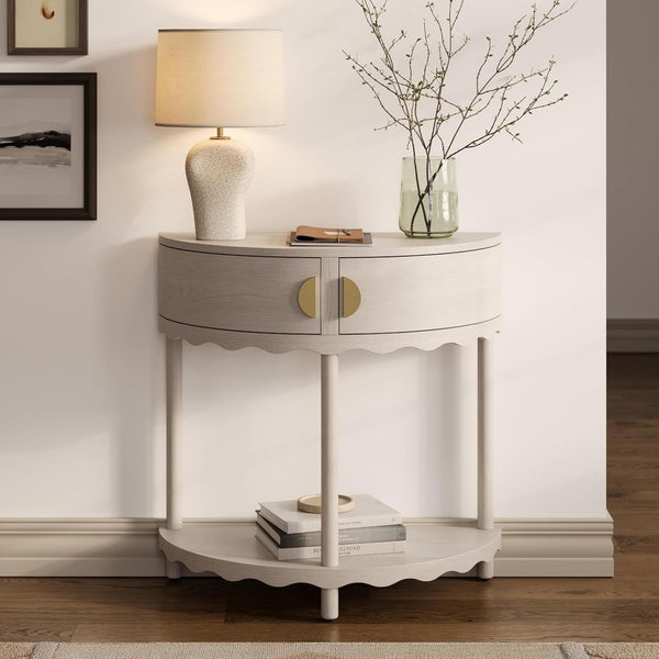 Stead Scalloped Skirt Half Moon Table, Half Round Console Table, Small Entryway Desk with Storage for Narrow Spaces, Modern Home Decor, Living Room Furniture, Solid Wood with Two Doors - image 1