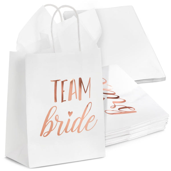 BLUE PANDA Bachelorette Gift Bags - 15-Pack, Rose Gold Foil & White, 8 x 4 x 9 In - Team Bride Favor Bags & Bridal Shower Favors - Bridesmaid Proposal Gifts With Handles & Tissue Paper - image 1