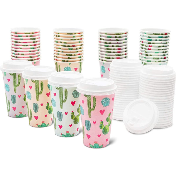 BLUE PANDA Disposable Paper Coffee Cups with Lids - Cactus & Hearts Design To Go Disposable Cups - 16 Oz, Pack of 48 - image 1