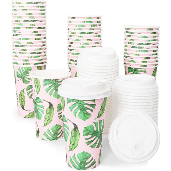 BLUE PANDA Disposable Coffee Cups with Lids - 16 Oz, 48 Count, Tropical Green Leaf Design - Paper Cups to Go for Parties & Travel - Leak Proof & Disposable - image 1