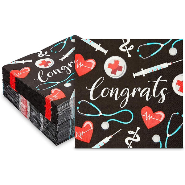 Sparkle and Bash 100-Pack Nurse Graduation Decorations Cocktail Napkins - 6.5in x 6.5in Folded, 13in x 13in Unfolded 2-Ply Black - Absorbent Medical Napkins for RN Party Decor - image 1