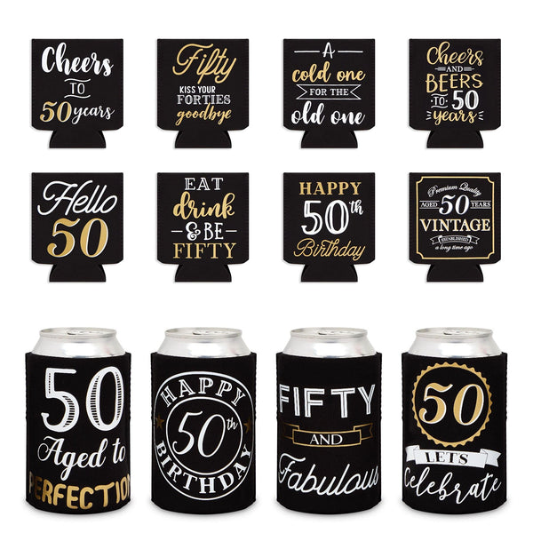 Sparkle and Bash 50th Birthday Can Cooler Sleeves - Medium, Black & Gold, 12-Pack - Insulated Neoprene Holder for 12 Oz Cans, 50th Birthday Party Favors & Decorations - image 1
