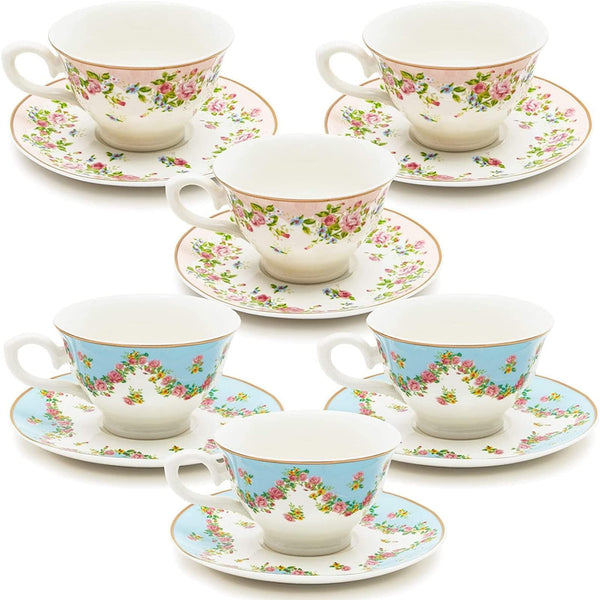 Sparkle and Bash Floral Tea Cup & Saucer Set - Victorian Style & Vintage Cups & Saucers for Garden Party & Bridal Shower - 8 Oz Capacity & Teacup Collection of 6 - 12-Piece, Multicolor - image 1