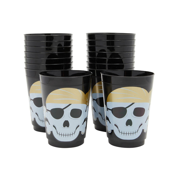 Sparkle and Bash Pirate Cups - 16 oz, Black, 16 Count - Durable Reusable Skull Plastic Tumblers & Pirate Party Supplies - image 1