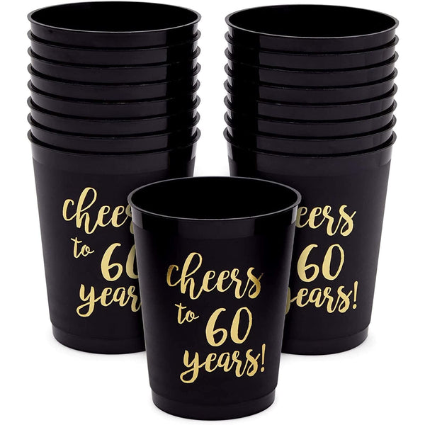 Sparkle and Bash Plastic Party Cups for 60th Birthday Decorations for Men - 16 Pack, 16 Oz, Black, Cheers to 60 Years Gold Foil Print - Reusable Cups for Party Favors & Table Centerpieces - image 1