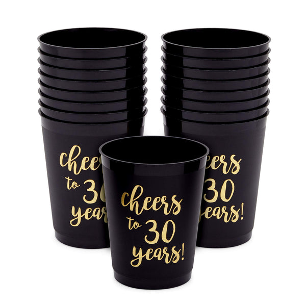 Sparkle and Bash 30th Birthday Cups & Plastic Tumblers - 16 Pack, 16 Oz, Black, Cheers To 30 Years - Party Favors & Wedding Anniversary Celebrations - image 1
