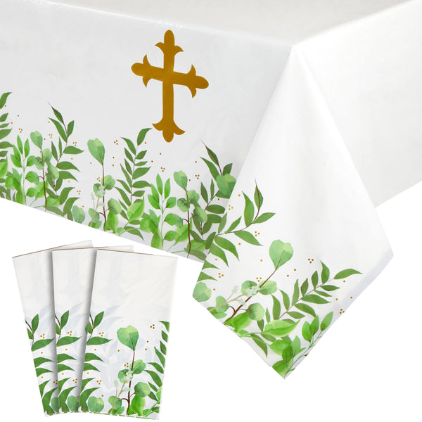 Sparkle and Bash Baptism Tablecloths - 3-Pack, 54 x 108 in, Gold Plastic - Disposable Religious Table Decor for Baptism, First Communion & Confirmation - image 1