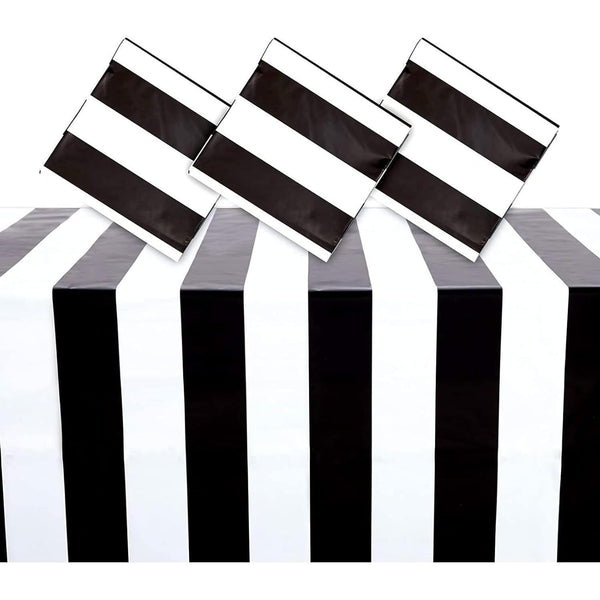 Sparkle and Bash 3-Pack Black & White Striped Disposable Rectangle Tablecloth - 54 x 108 in Plastic Table Cover - Waterproof Stain Resistant Cover for Party Decorations & Outdoor Events - image 1