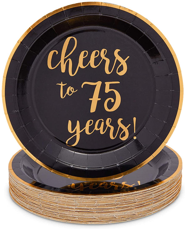 Black Paper Plates for 75th Party, Cheers to 75 Years (9 In, 48 Pack) - image 1
