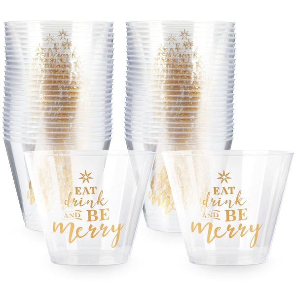 Sparkle and Bash Clear Plastic Cups - Festive Print for Eat, Drink & Be Merry Party Supplies - Durable Plastic Cocktail Glasses - 9 Oz Disposable Wine Cups - 50 Count - image 1