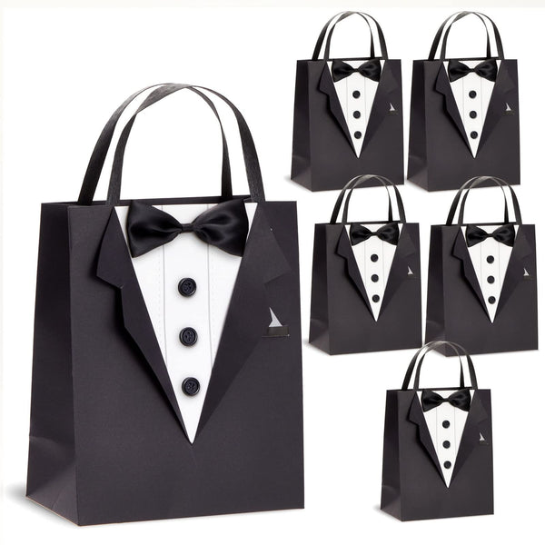 Sparkle and Bash Groomsmen Gift Bags With 3D Tuxedo Design, Satin Bow Tie & Real Buttons - Black, 6 Pack, 8 x 4.5 x 10 In - Wedding & Bachelor Party - Tuxedo Gift Bags for Men - image 1
